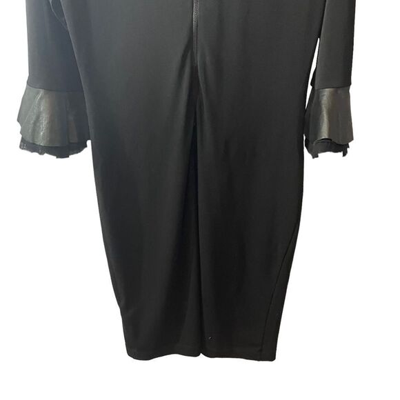 Alice & Olivia Black Lamb Leather Cuff Bell Sleeve Raw Edge Hem Dress Size L - Picture 10 of 12